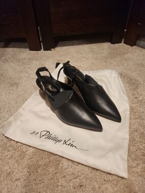 3.1 Phillip Lim Black Pointed Slingback Flats with Ankle Strap